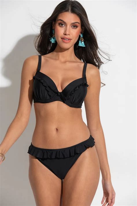 Bermuda Underwired Padded Frill Bikini Top In Black Pour Moi