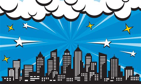 Pop Art Comic Background With City Silhouette And Cloud Illustration