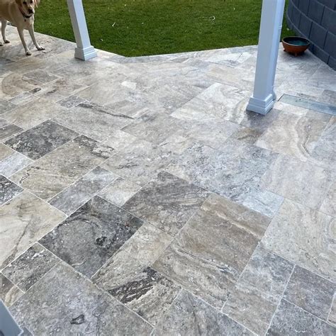 Silver Travertine French Pattern Pavers Tiles Tumbled Unfilled