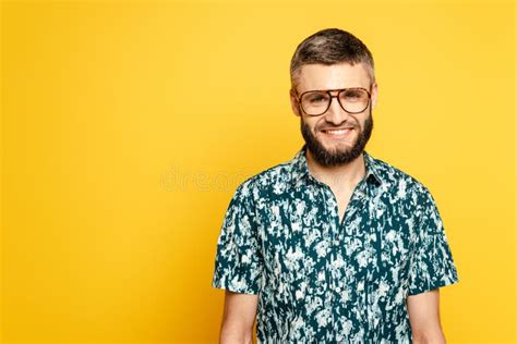 Bearded Guy In Glasses With Donut Swim Ring And Beer On Yellow Stock