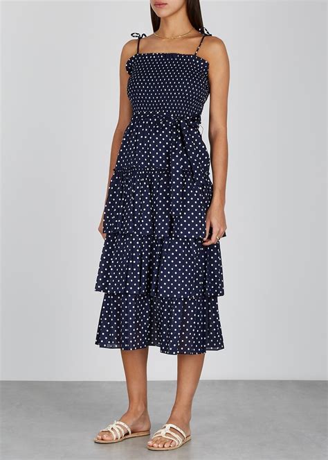 Tory Burch Polka Dot Print Ruffled Cotton Midi Dress In Navy Blue Lyst