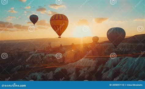Serene Sunrise Hot Air Balloon Ride Over Scenic Landscape Calm Travel Adventure AI Stock