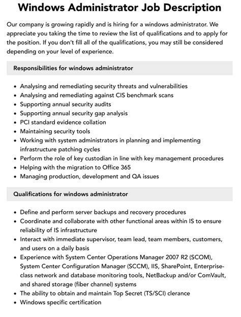 Windows Administrator Job Description Velvet Jobs