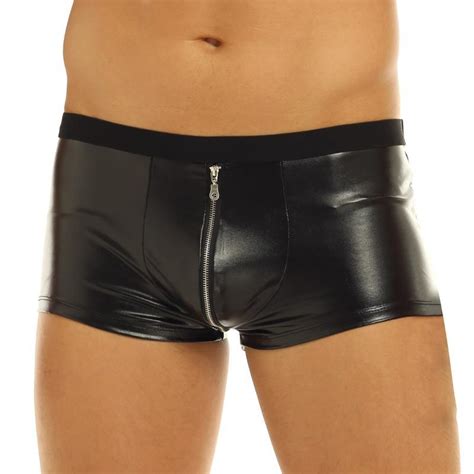 Mens Faux Leather Boxer Latex Shorts With Zipper And Bulge Pouch Sexy