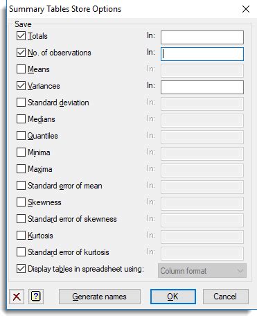 Summary Tables Store Options Genstat Knowledge Base