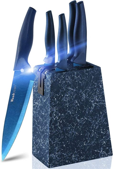 Wanbasion Marbling Blue Kitchen Knife Set Block Kitchen Knife Set Block Wood