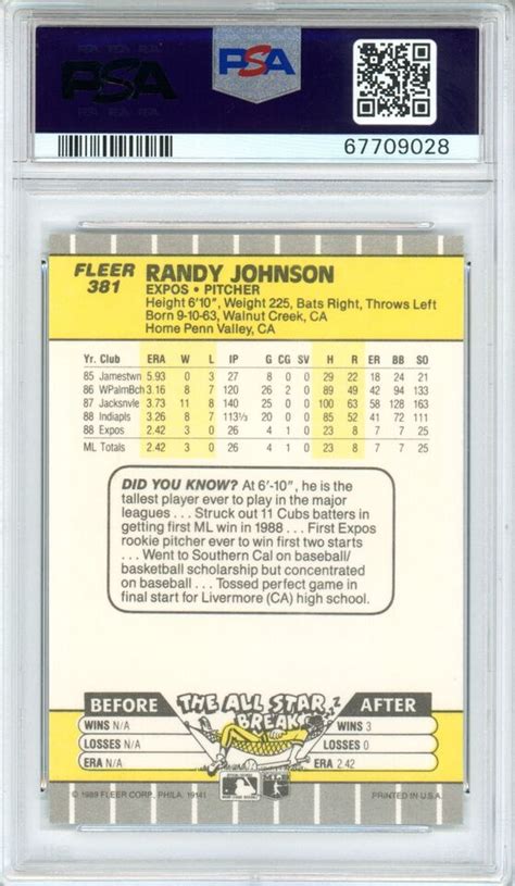 1989 Fleer 381 Randy Johnson RC Marlboro AD On Scoreboard PSA 10 EBay