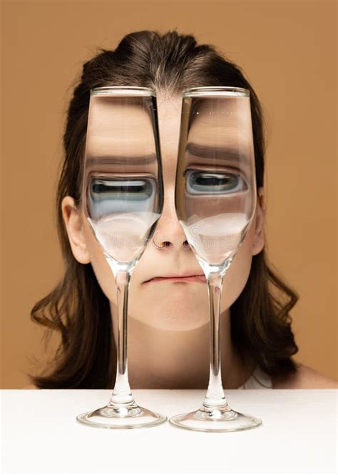 Contemporary Art Portrait Of Pretty Girl Looking Through Glass Of Water