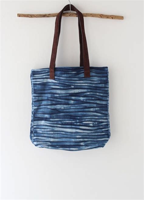 Shibori Bag Natural Indigo Dye Handbag With Leather Handles Blue