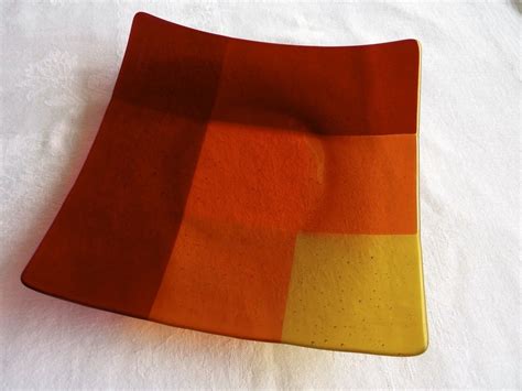 Large Glass Plate In Red Orange And Yellow Plaid Etsy Glass Plates Fused Glass Bowl Fused