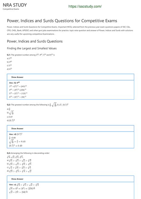 Power Indices And Surds Questions For Competitive Exams Sscstudy