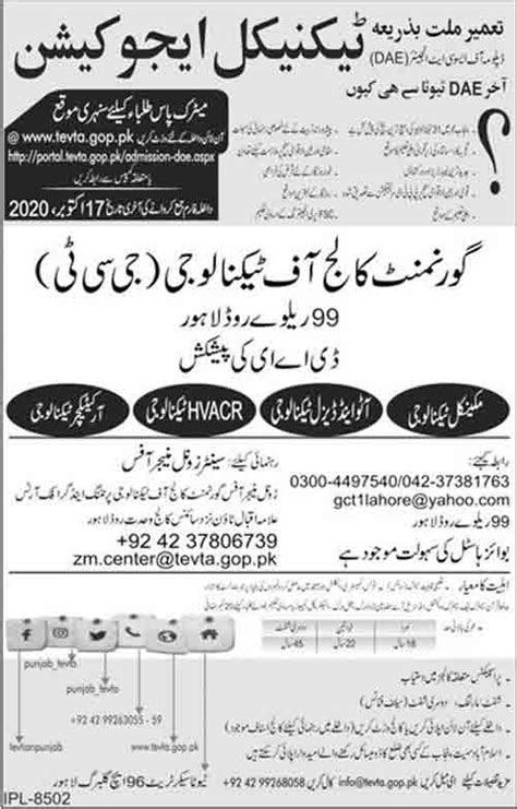 Govt College Of Technology Railway Road Lahore Admissions 2020