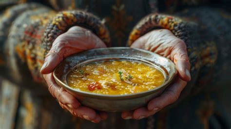 Poor Homeless Old Woman With Hot Food In Warming Center Food For