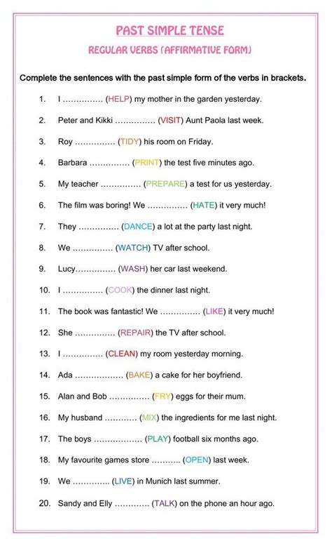 Past Simple Tense Regular Verbs Affirmatiue Form Complete The Sentences