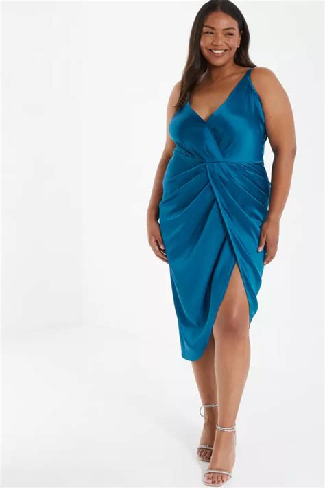 Curve Teal Satin Ruched Midi Dress Quiz Clothing