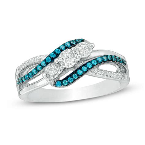 Ct T W Enhanced Blue And White Diamond Three Stone Bypass Ring In