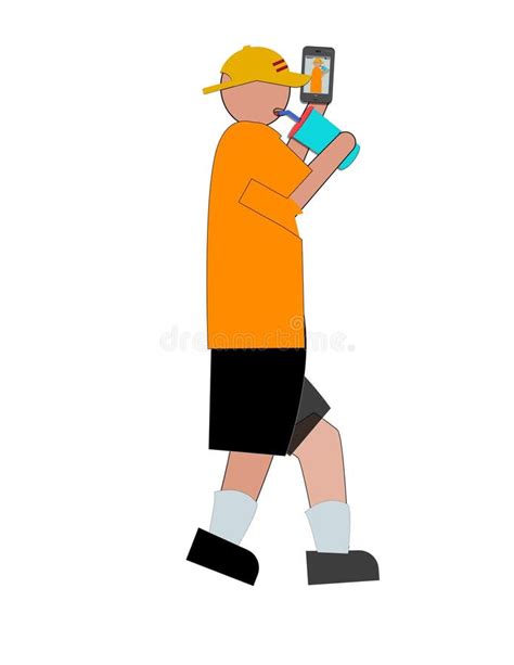 A Man In An Orange Shirt Is Walking And Drinking From A Water Bottle