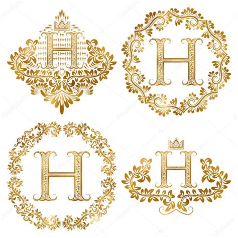 Golden Letter H Vintage Monograms Set Heraldic Monogram In Coats Of