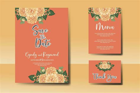 Wedding Invitation Frame Set Floral Watercolor Digital Hand Drawn Orange Dahlia Flower Design