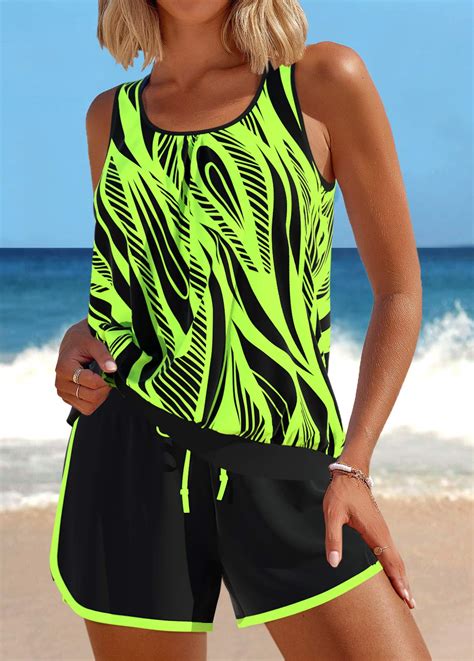 Patchwork Geometric Print Neon Green Tankini Set Usd 37 98