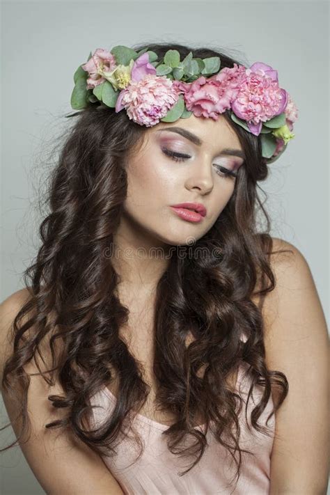 Elegant Brunette Woman With Fresh Flower On Her Head Spring Cosmetic