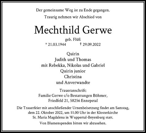 Traueranzeigen Von Mechthild Gerwe Trauer In NRW De