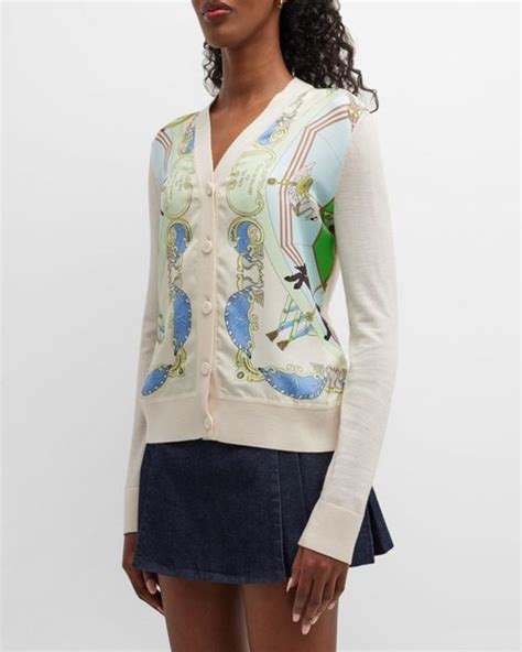 Tory Burch Carousel Printed Silk Front Cardigan In Natural Lyst