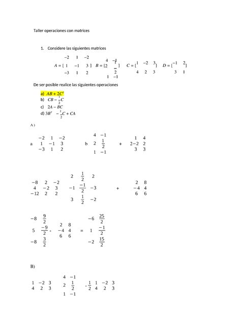 Taller Matrices Algebra Taller Operaciones Con Matrices De Ser