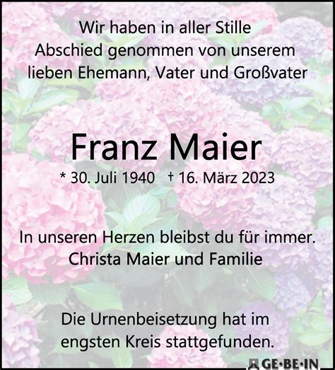 Traueranzeigen Von Franz Maier Trauer Gedenken