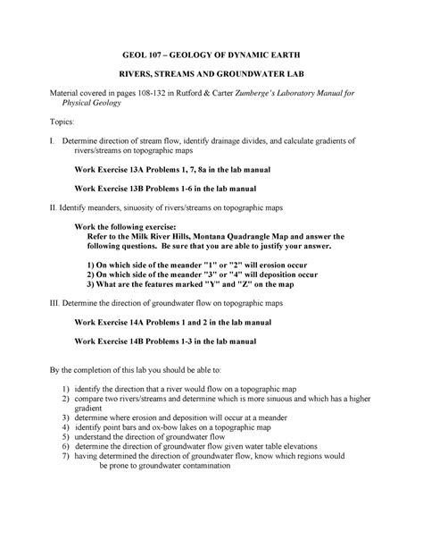 GEOL107 Lab 5 Rivers Streams Groundwater GEOL 107 GEOLOGY OF