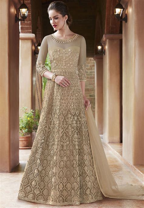 Beige Net Indian Wedding Wear Anarkali Suit