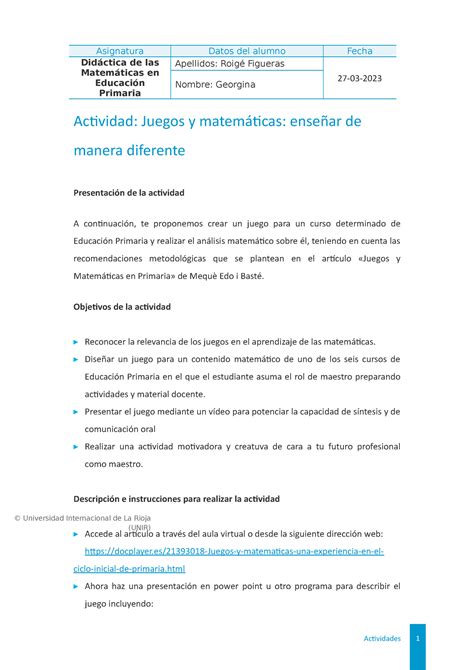 Actividad 1 Mates Asignatura Datos Del Alumno Fecha Didáctica De Las Matemáticas En Educación