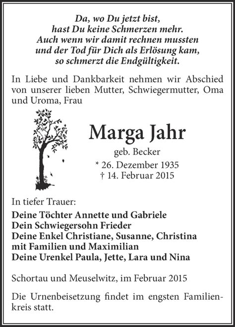 Traueranzeigen Von Marga Jahr Abschied Nehmen De