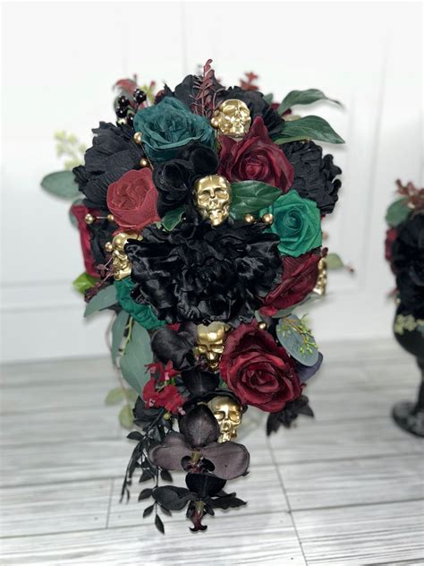 Skull Bridal Bouquet Gothic Bouquet Burgundy Emerald Green Black And