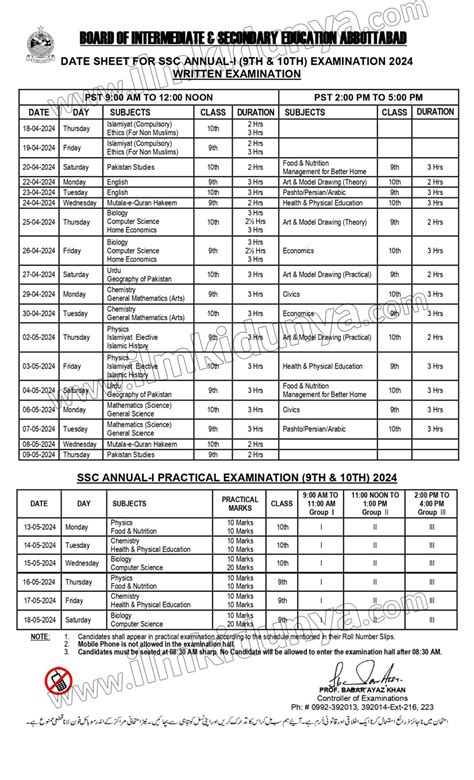 Bise Abbottabad Board 10th Class Date Sheet 2024