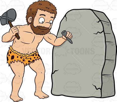 A Caveman Cheerfully Works On A Solid Rock