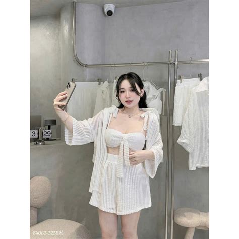 Bộ đồ đi biển Sét bikini 3 chi tiết áo BARA REN 2 lớp mút ngực đầy đủ kèm quần ren chuẩn hình