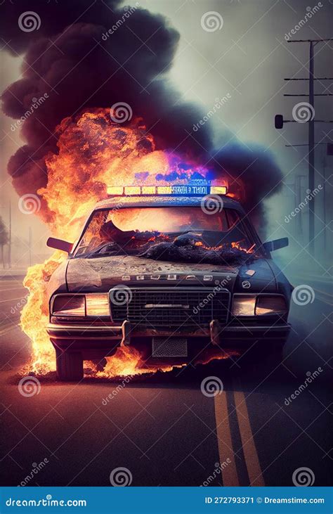 Burning Police Car On The Highway AI Generated Stock Illustration