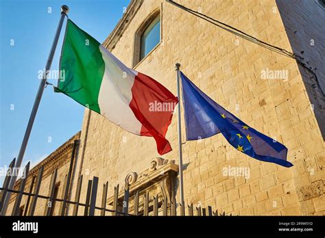 National Flag Of Italy And European Union EU On The Building Stock