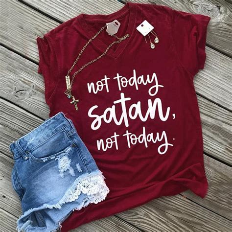 Short Sleeve ¨not Today Satan¨ Print V Neck T Shirt Womens Shirts