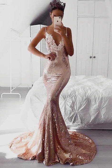 Rose Gold Sequins Mermaid Evening Dress Cheap Prom Dresses Long