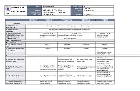 Dll Araling Panlipunan 4 Q1 W1 Grades 1 To 12 Daily Lesson Log School Depedclub Grade Level