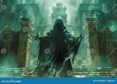 Mysterious Cloaked Figure In Ancient Temple Ruins Enigmatic Sorcerer ...
