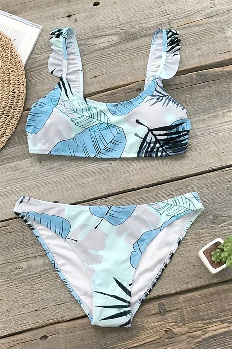 Leaves Print Ruffled Bikini