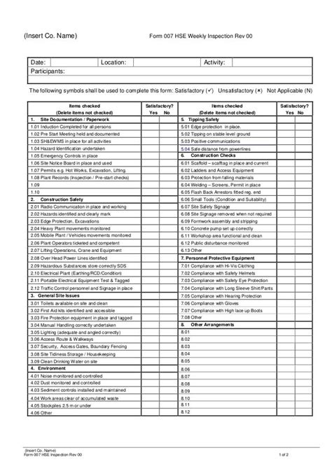 Form 007 Hse Weekly Inspection Inspection Checklist Checklist Template Survey Template