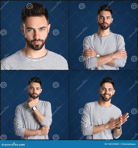 Collage With Portraits Of Handsome Man On Blue Stock Photo Image Of