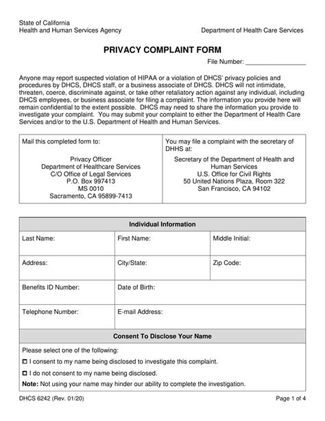 Form Dhcs6242 Download Fillable Pdf Or Fill Online Privacy Complaint Form California