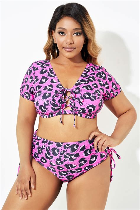 Sexy Pink Leopard Print Lace Up Bikini Top Meet Curve Meet Curve