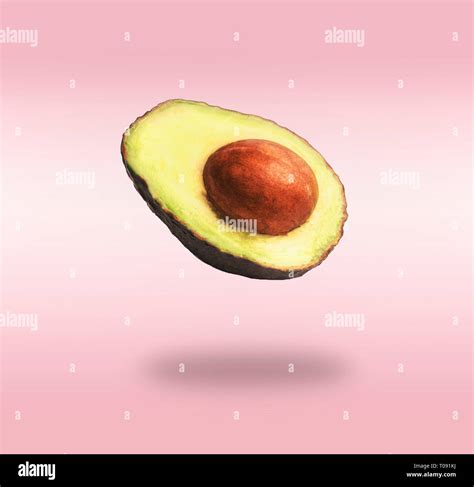 Flying Half Avocado With Seed At Pink Background With Shadow Concept