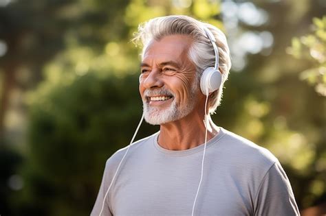 Portrait Of Smiling Senior Man Listening To Music With Headphones In